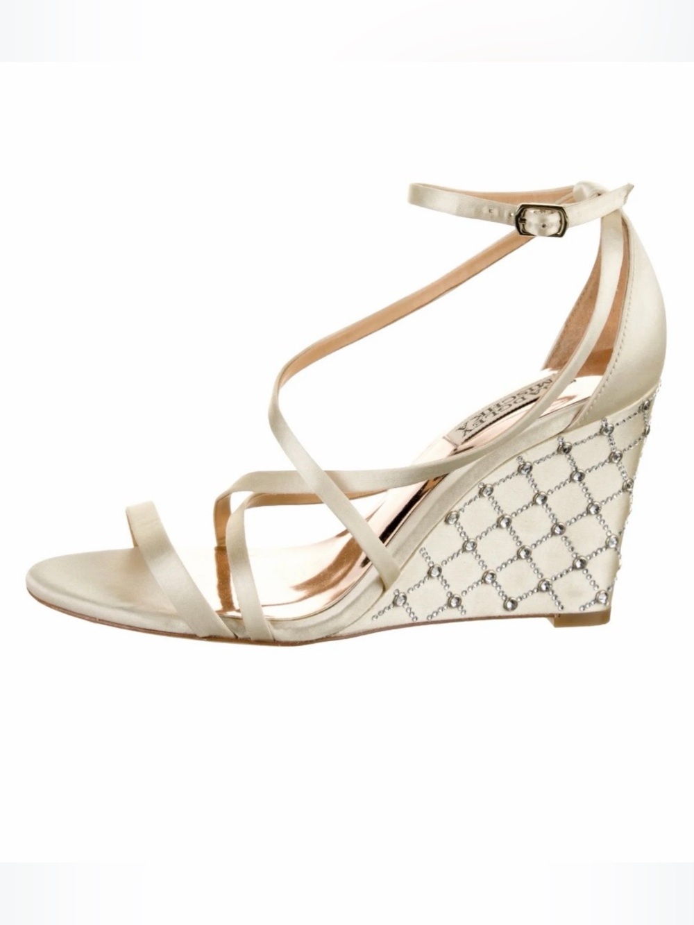 Badgley Mischka Shelly Ivory rhinestone encrusted wedge gala heels, size 10
